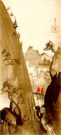 two monks crossing a stream
